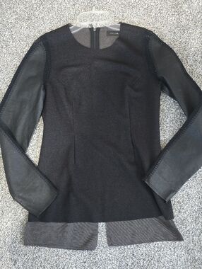 Stella & Jaime Black Blouse Faux Leather Sleeves High Low Hem Women Large